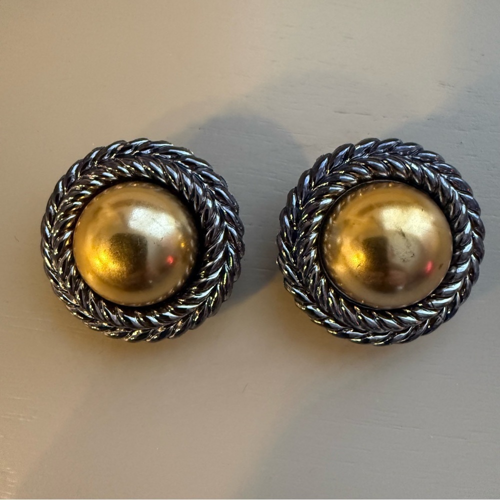 Vintage 80s Two-Tone Mixed Metal Braided Clip On Statement Earrings Textured
